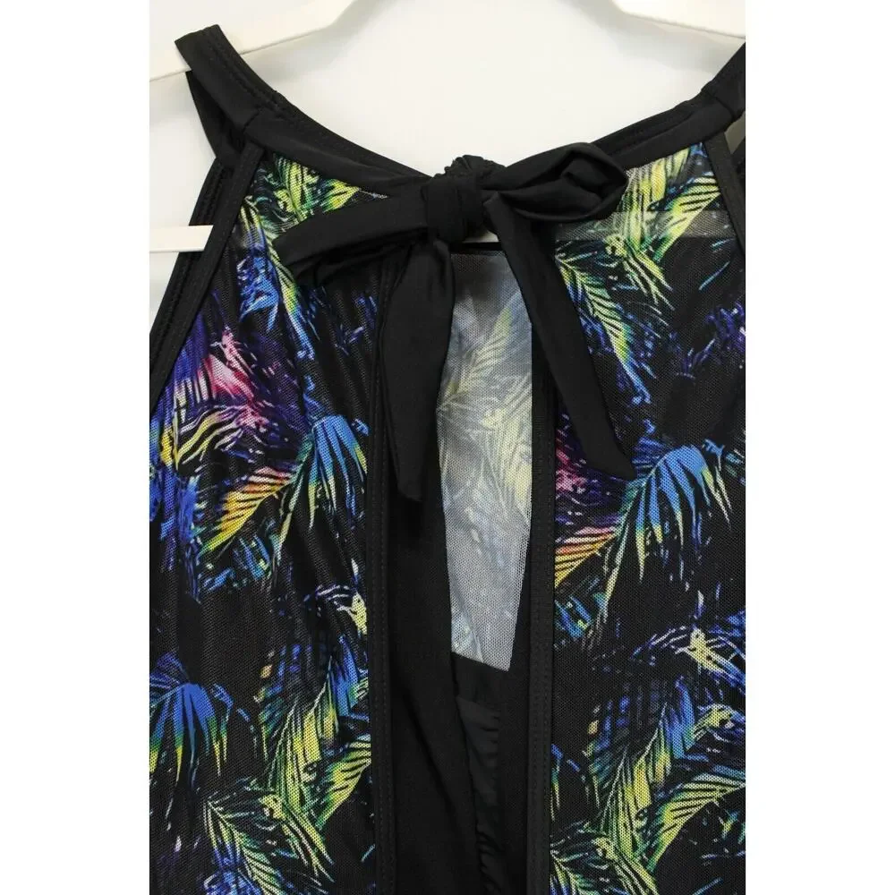 Bloomchic Swim Dress Halter Sheer Skirt‎ Women 28 Black Floral Swimwear